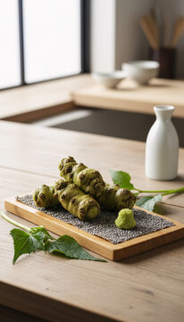Fresh wasabi root on a sharkskin grater, fresh and carefully arranged, bright airy daylight