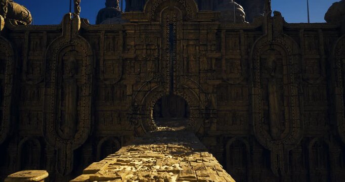 circular arch framing sunlit path to distant vault, textured paving gleams with warm highlights, scene conveys pilgrimage route and ceremonial approach