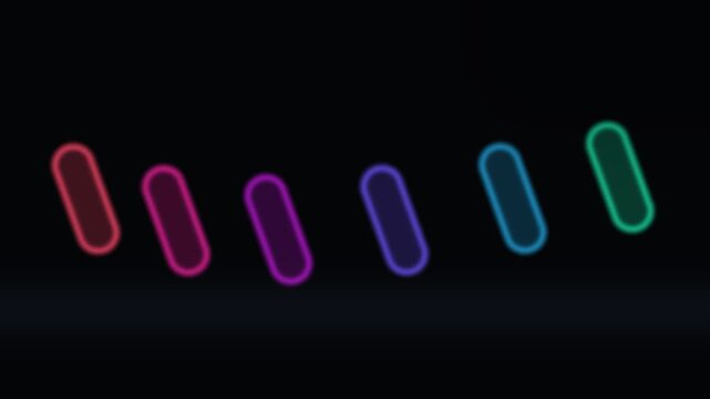 Abstract background featuring a row of glowing neon rounded rectangular shapes in vibrant rainbow colors isolated on a deep black