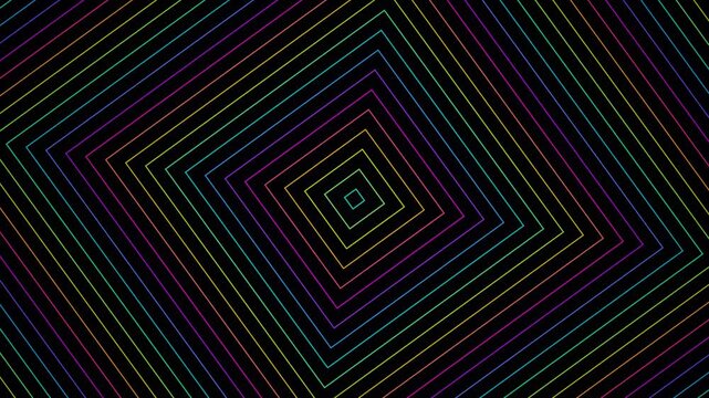 Abstract background featuring concentric squares with glowing neon rainbow colored outlines forming a tunnel effect on a dark black surface