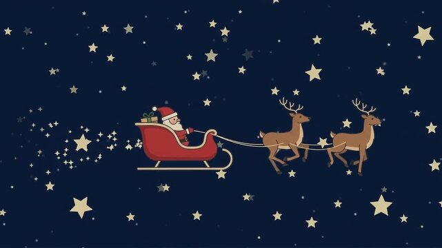 Santa Sleigh with Reindeer Flying Across Starry Night Sky Flat Vector Animation