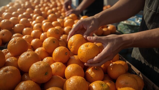 A person tries to grab an orange from a box