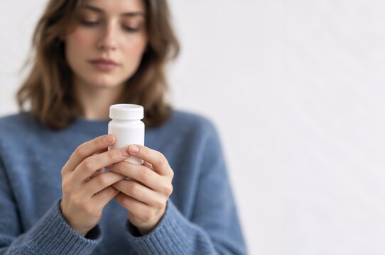 Woman holding medicine bottle for depression treatment. Antidepressant medication and mental health care. Prescription medicine, therapy and wellness concept. Copy space for healthcare