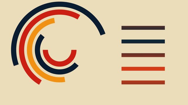 Abstract circular infographic design with colorful arched lines and horizontal bars on a minimalist flat beige background for business data
