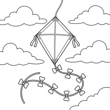Black and white coloring page featuring a flying kite with a long