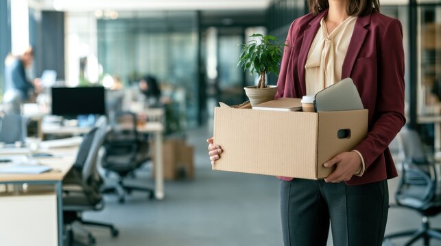 Woman holding a box of personal belongings while leaving an office after a layoff