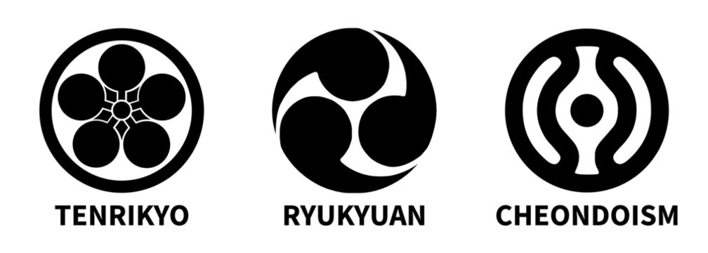 Tenrikyo, Ryukyuan and Cheondoism religion icons, symbols. Vector
