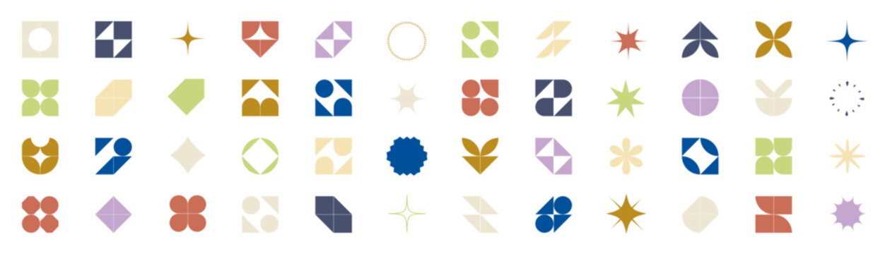 Abstract geometric shapes and elements. Modern color flat art collection in circle, semicircle and other forms. Simple cartoon figures design. Vector
