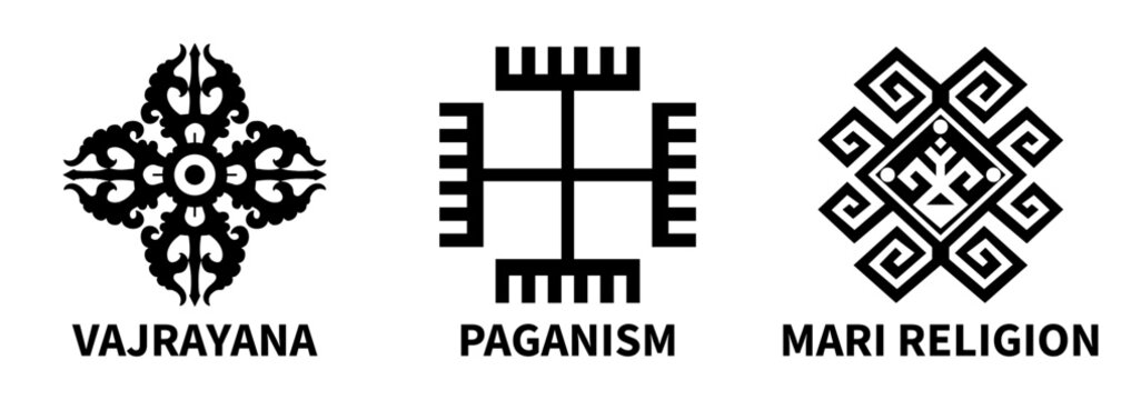 Vajrayana, Paganism and Mari religion icons. Symbol of the Mari native religion. Vector