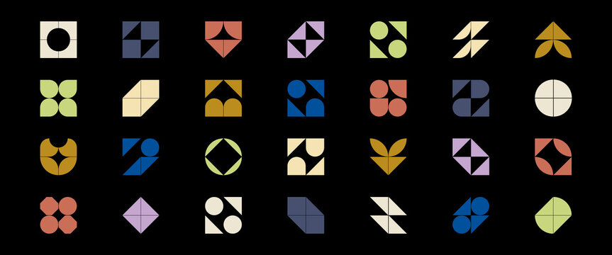 Abstract geometric shapes and elements. Modern color flat art collection in circle, semicircle and other forms. Simple cartoon figures design. Vector