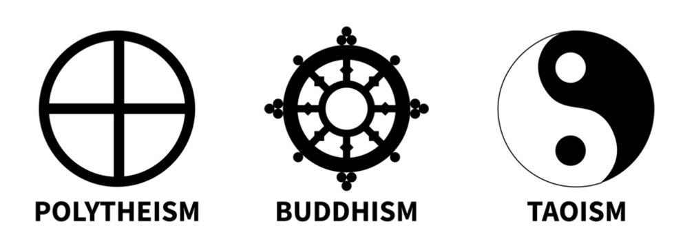 Polytheism, Buddhism, Taoism signs. Religion icons. Vector
