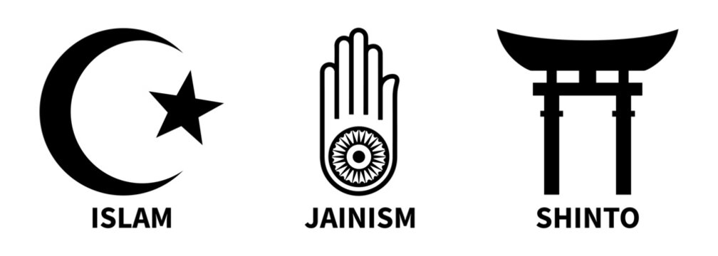 Jainism -ancient Indian religion. Islam, Shinto signs. Religious icons. Vector