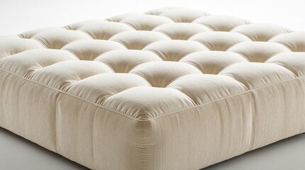 Naklejka premium Cream tufted mattress with square patterns. Soft fabric bedding texture on luxury bed. Comfortable furniture item for bedroom interior design. High quality upholstery surface with thick padding,