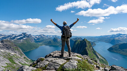 Obraz premium Adventurous traveler standing on a high northern mountain peak with arms raised, fjords and jagged ridges below, outdoor adventure, hiking tourism, personal achievement,