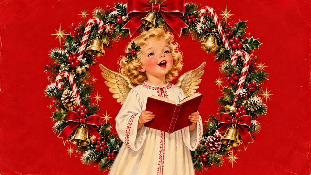 Vintage Christmas illustration of a golden winged angel child singing from a red book surrounded by a festive wreath with golden bells, candy canes, holly berries and red ribbons