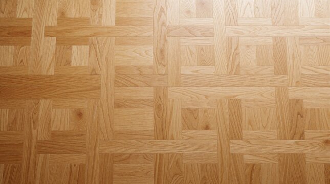 Versailles pattern light elm wood flooring with natural satin sheen. Golden tones create warm atmosphere in luxury interior. Symmetrical geometric parquet layout shows organic modern design. High