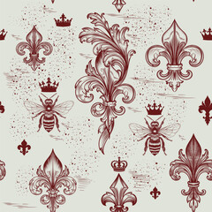 Vector vintage style seamless pattern with hand drawn fleur de lis and bees © Mary fleur