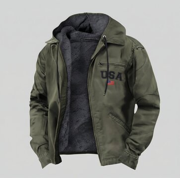 olive green winter jacket with fleece lining isolated on grey background