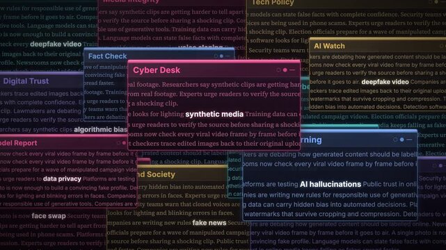 Digital windows displaying text about AI deepfakes, misinformation, and synthetic media risks.