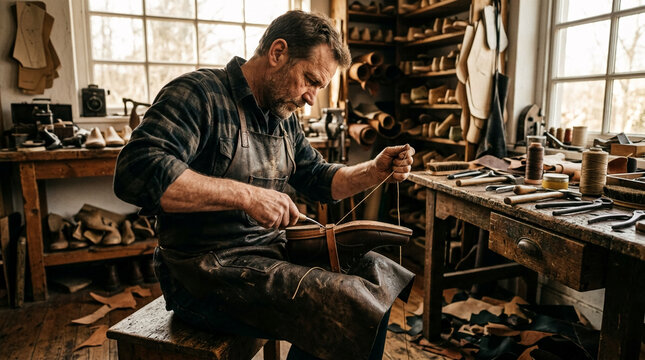 Craftsman Hand Stitching Leather Shoe on Wooden Table