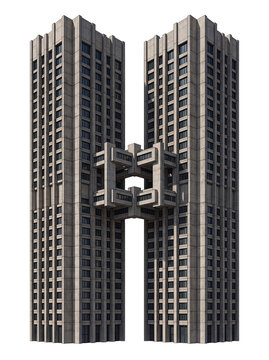Brutalist concrete skyscraper letter H, 3D architectural twin towers, modern modular building block design isolated on transparent background.