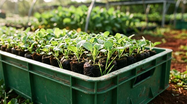 Vigorous vegetable seedlings in reusable farm crate