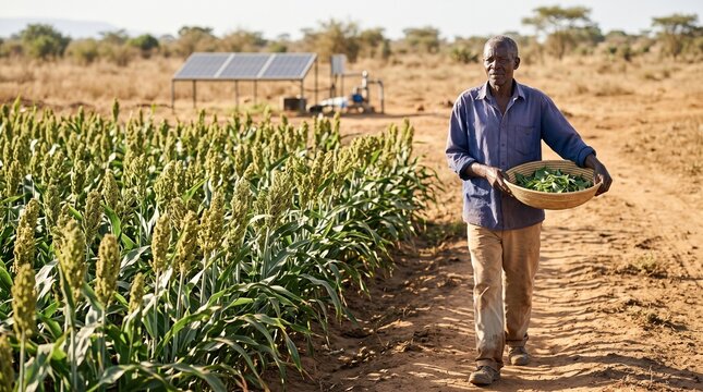 Kenyan grower walks beside resilient irrigated sorghum