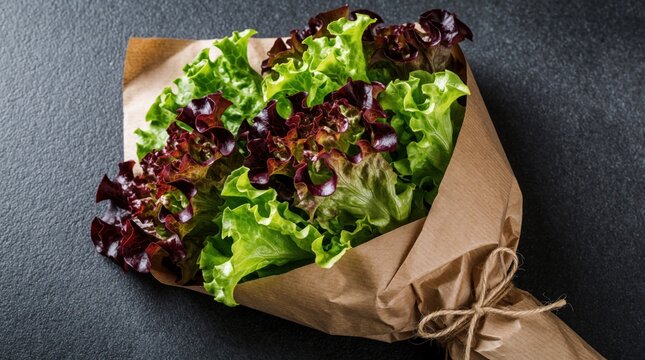 Fresh lettuce bouquet wrapped in brown paper with twine. Green, red organic salad leaves bundled as rustic gift. Healthy raw vegetable gift for vegetarian diet. Farm fresh produce sits on dark stone