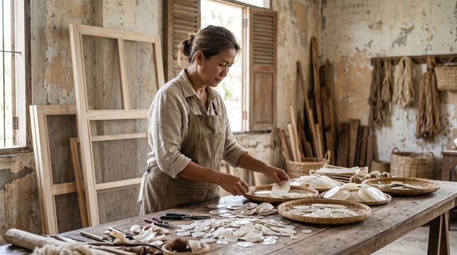 Artisan prepares capiz panels in coastal workshop