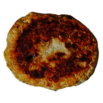 きのこハンバーグ 単品の切り抜き。鶏ひき肉と刻みキノコを使った醤油あんかけの学校給食メニュー素材 真上