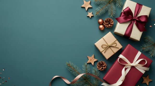 Christmas holiday gift boxes wrapped ribbon pine branches festive winter flat lay composition copy space seasonal celebration greeting card background