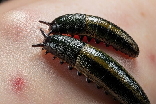 Close up of medicinal leeches attaching to human skin. Black worms perform hirudotherapy for bloodletting treatment. Parasitic animals suck blood for detox, health care. Natural alternative medicine