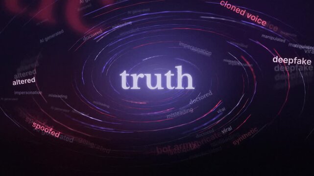 AI misinformation and deepfake concepts swirling around the word truth and the question what is real.