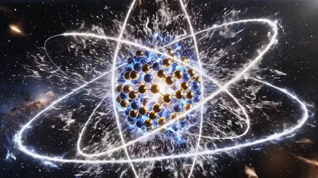 Slow motion zoom tracking shot of atomic nucleus pulsing and exploding with orbiting electrons in deep outer space cosmos