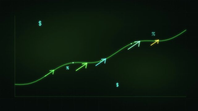 Green growth arrows rising along upward trend line seamless 4K loop