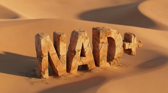 NAD plus molecule text made of stone in desert