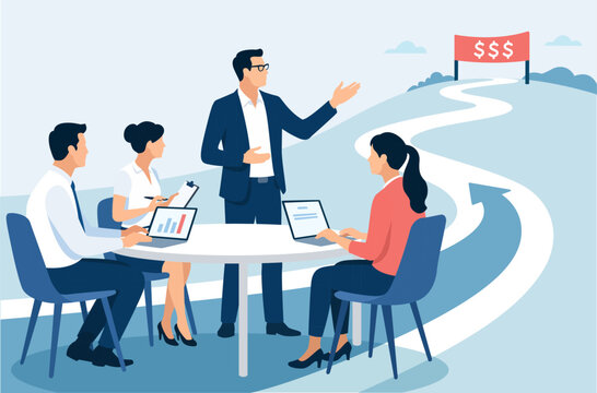 A leader pointing the way to the goal. Work team collaborating at a table in the foreground, with a winding path leading into the distance toward a financial goal. Vector illustration.