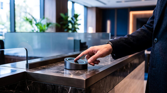 Modern fingerprint biometric scanner on marble counter used for secure hotel reception check in or corporate office identity verification access control system.