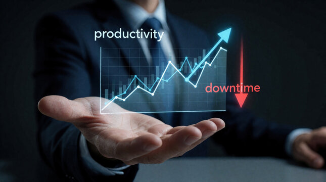 Businessman holds glowing digital hologram with growth chart. Blue arrow shows rising productivity red arrow indicates falling downtime. Pro male analyzes financial data, business performance metrics