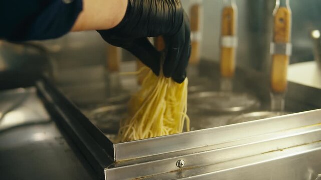 Ramen bowl with noodles served in Japanese restaurant, chef putting fresh noodles into hot soup bowl, traditional asian ramen dish with broth and toppings