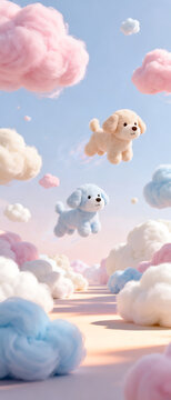 Two Plush Puppies Floating Among Fluffy Pastel Clouds