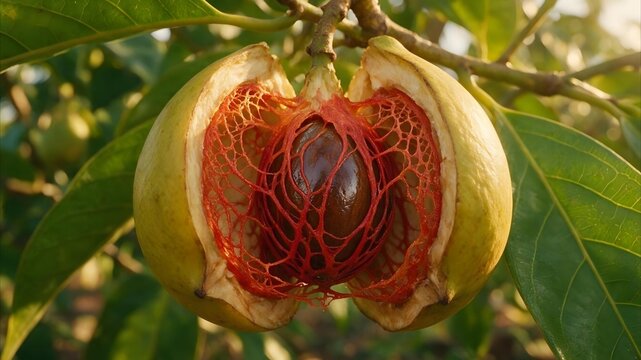 Nutmeg Fruit with Red Mace Hanging on Tree Branch