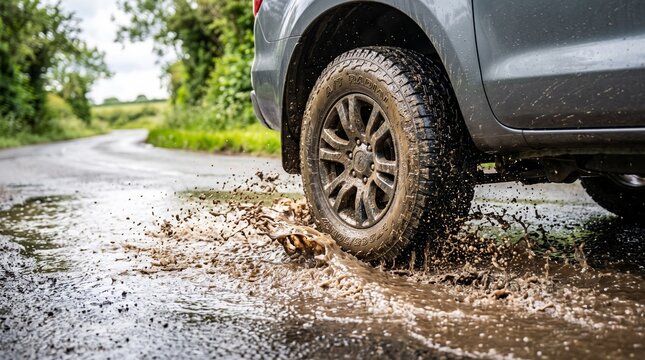 Car tire splashing through muddy puddle on wet country road. Off-road driving in rainy conditions. Vehicle traction and tire performance. Rural travel and road safety.