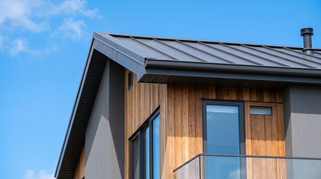 Modern house with timber cladding and standing seam metal roof beneath blue sky. Contemporary residential architecture. Sustainable building design. Exterior construction details.