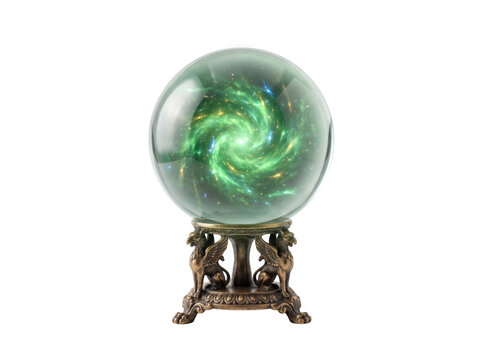 Mystical crystal ball with swirling green energy isolated on, a as transparent background