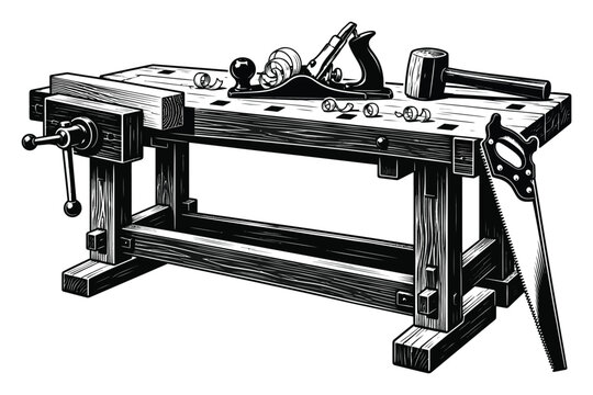 Detailed vector illustration featuring traditional carpentry workbench loaded with vintage woodworking tools and equipment