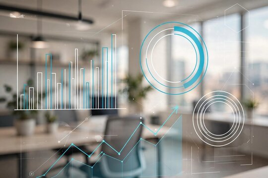 Business analytics dashboard overlays with charts and trend lines over bright office