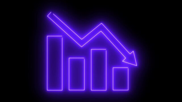 Neon sign Declining bar chart with downward trend. Business graph. loss graph direction. damage business graph. down business graph icon. arrow is going down. 4k motion video.