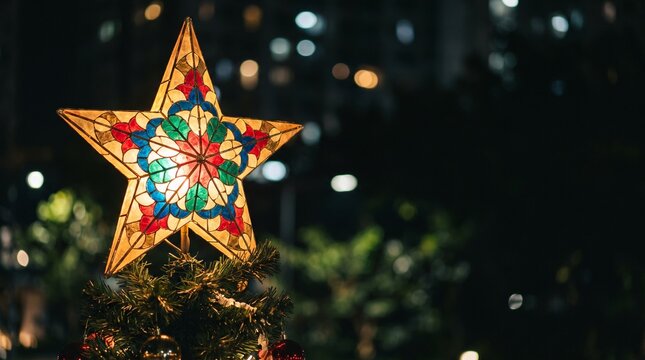 holiday decorations, a star-shaped parol lantern radiates vibrant colors atop a tree, glowing warmly