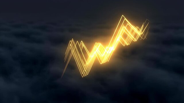 Glowing gold zigzag stock chart line rises above dark clouds 60 FPS financial growth animation